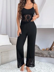 Contrast Lace Cami Top & Pants PJ Set / Pajama Set - Black - View 4