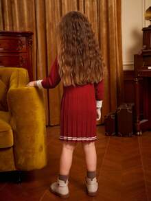 SHEIN Cô Gái Trẻ Viền tương phản Xếp li Đầm Áo len - Màu Đỏ Sâu - Xem 2