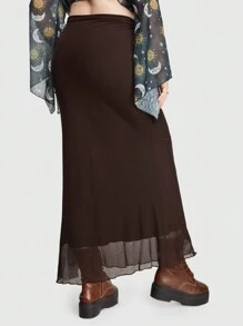 ROMWE Fairycore Kích thước lớn Lưới Sợi Bên Buộc Váy - màu nâu - Xem 3