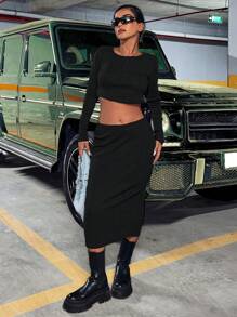 SHEIN Cottnline Solid Crop Tee & Skirt - Black - View 5