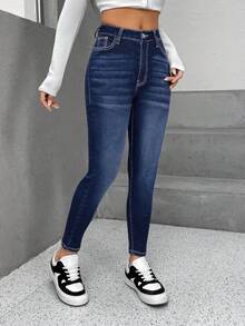 SHEIN PETITE Moustache Effect Skinny Jeans - Dark Wash - View 4