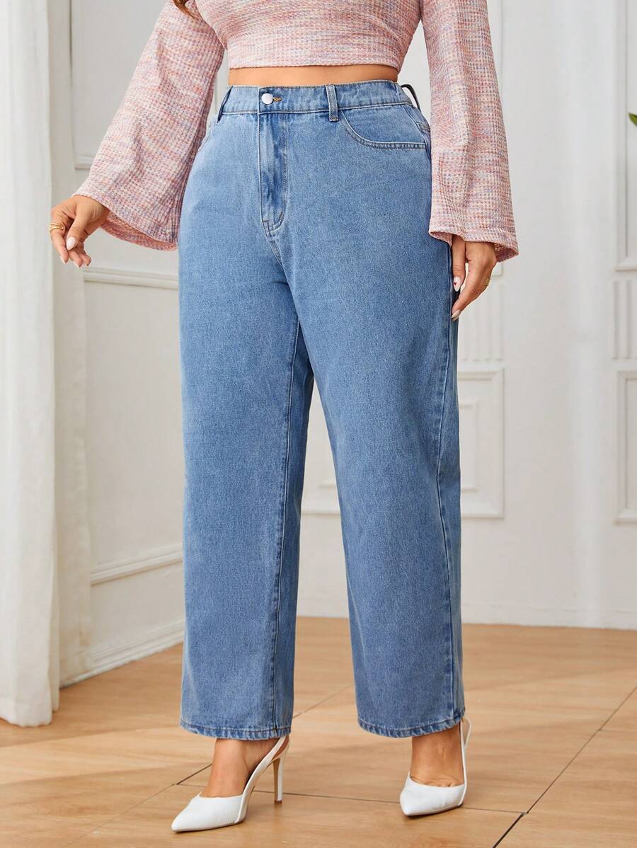 SHEIN Privé 大碼高腰直筒牛仔褲 - 藍色 - 查看 1