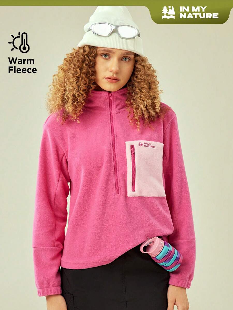 In My Nature Đồ họa Chữ cái Vạt trước một nửa khóa kéo Áo cao cổ Lông cừu Áo nỉ - Hồng - Xem 1