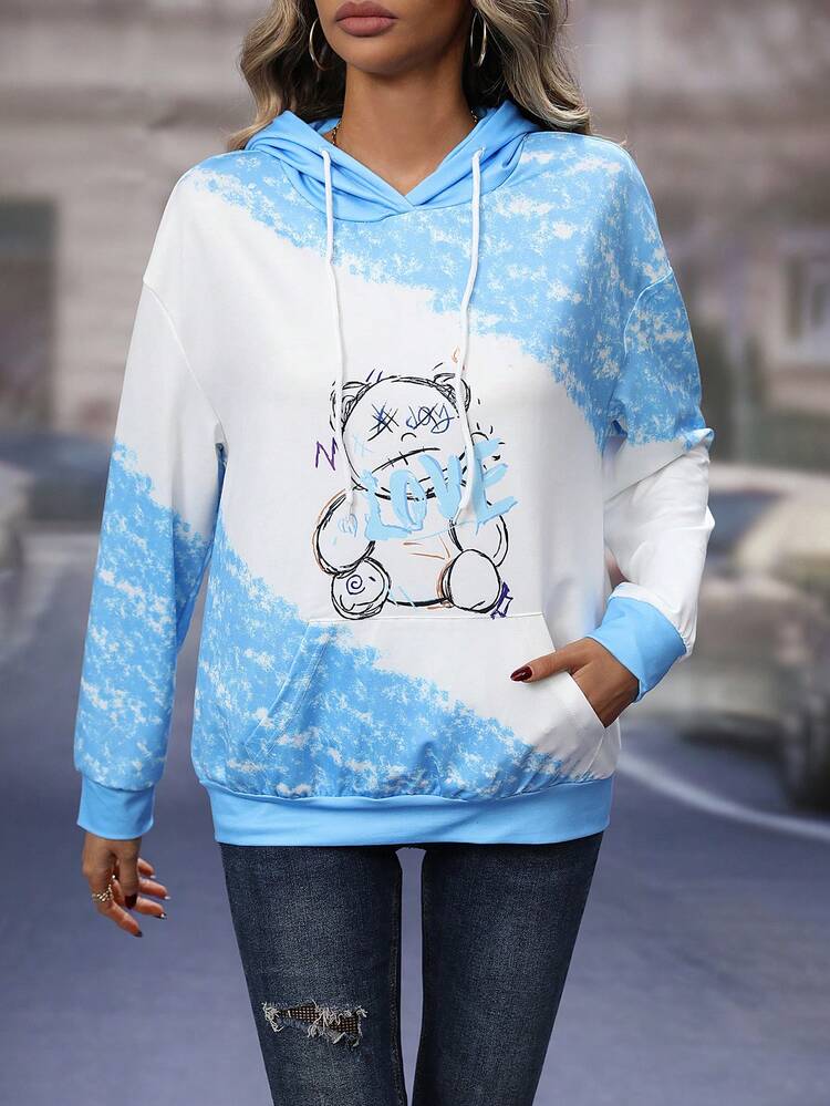 Cartoon & Letter Graphic Kangaroo Pocket Drop Shoulder Drawstring Hoodie
