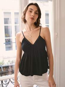 SHEIN Frenchy Top de tirantes unicolor bajo con fruncido - Negro - Ver 5