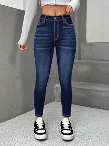 SHEIN PETITE Moustache Effect Skinny Jeans - Dark Wash - View 3