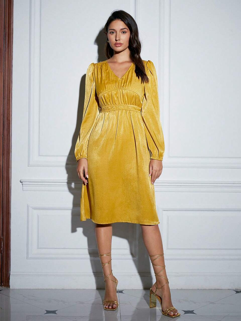 Women's Puff Sleeves Gathered Waist Dress