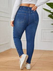 SHEIN Privé Plus Size Pearl Beaded Skinny Jeans - Dark Wash - View 2