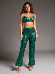 SHEIN BAE 女性亮片細肩帶背心上衣 - 綠色 - 查看 5