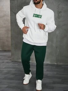 Manfinity Homme 男士大码字母圖案袋鼠口袋抽繩連帽衫和運動褲 - 白色 - 查看 6