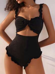 Swim Mod 鏤空褶邊前打結連體泳衣