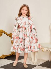 SHEIN 女大童滿版印花荷葉邊荷葉袖洋裝 - 杏色 - 查看 1