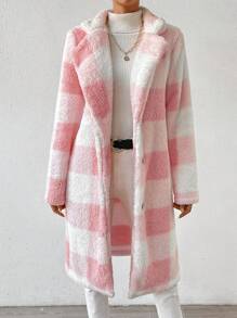 SHEIN Privé 格紋印花西裝領法蘭絨外套 - 粉色 - 查看 7