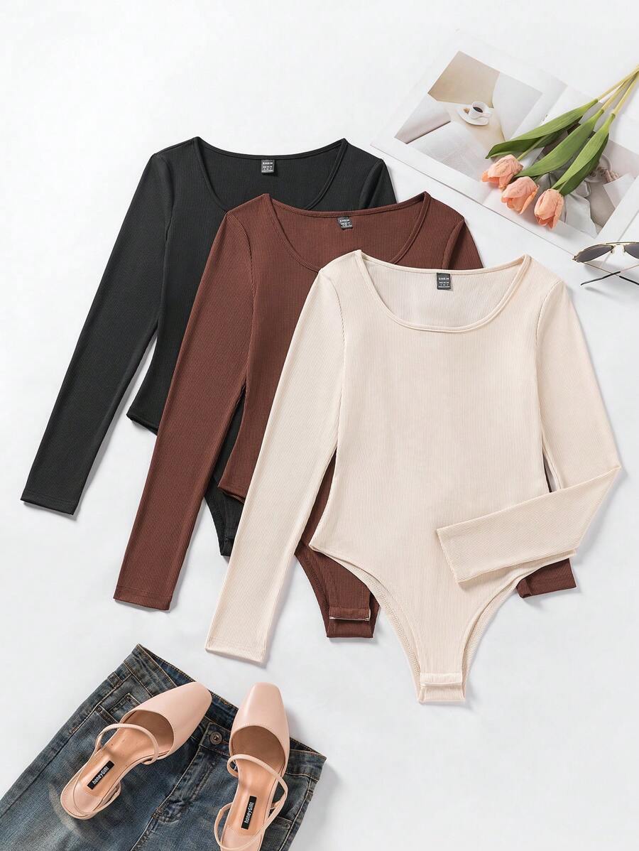 INAWLY 3pcs Solid Ribbed Knit Bodysuit Fall Cloth For Women - Multicolor - View 1