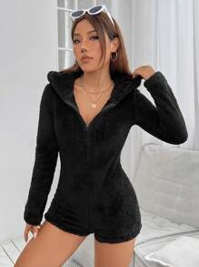 SHEIN PETITE Zip Up Hooded Teddy Romper - Black - View 1