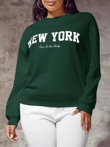 SHEIN SXY 字母圖案落肩袖運動衫 - 墨綠色 - 查看 3