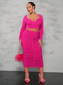 SHEIN BAE Plus Sweetheart Neck Crop Top & Ruched Pencil Skirt - Hot Pink - View 3