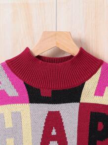 青少年女孩字母圖案落肩袖套頭毛衣 - 彩色 - 查看 5