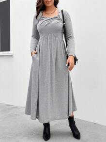 SHEIN LUNE 秋季大码纯色方领 A 字形连衣裙 - 灰色 - 查看 4