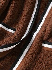 SHEIN Franclia 大碼撞色滾邊開門襟絨毛外套 - 咖啡棕 - 查看 7
