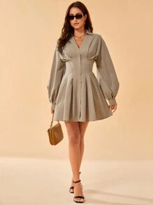 SHEIN Tall Women's Elegant Coffee Color Long Sleeve Dress - Khaki - View 3