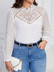 SHEIN Frenchy 大碼水溶蕾絲拼接燈籠袖上衣 - 白色 - 查看 4