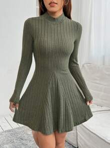 SHEIN PETITE Mock Neck Ribbed Knit Spring Women Dress - Olive Green - View 3
