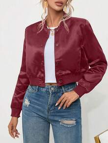 SHEIN Essnce Cazadora tipo bomber unicolor con botón crop - Burdeos - Ver 5