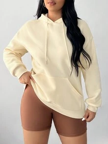 SHEIN EZwear 加大码标语和爱心图案落肩卫衣 - 杏色 - 查看 6