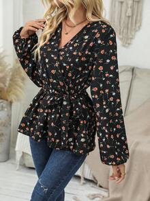 SHEIN Frenchy In hoa Ditsy Tay áo lồng đèn Thắt lưng Áo sơ mi - Nhiều màu - Xem 3