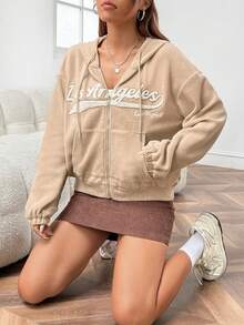 SHEIN EZwear 杏色織花女款連帽刺繡衛衣 - 杏色 - 查看 4
