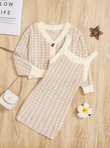 SHEIN 女小童千鳥格圖案吊帶毛衣洋裝&前排扣開襟衫 - 彩色 - 查看 1