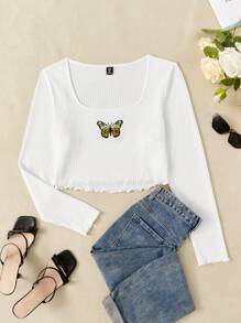 SHEIN EZwear 大碼蝴蝶圖案木耳邊T恤 - 白色 - 查看 1