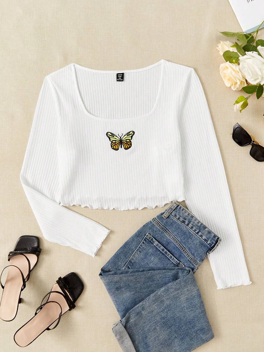 SHEIN EZwear 大碼蝴蝶圖案木耳邊T恤 - 白色 - 查看 1