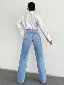 EURMUSE 100%Cotton Casual High Waist Straight Leg Jeans - Light Wash - View 2