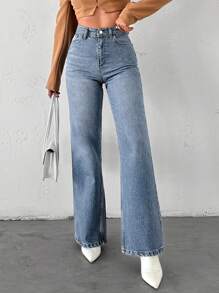 EURMUSE High Waist Straight Leg Jeans - Light Wash - View 4