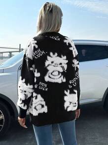 GENKIRA Cartoon & Letter Pattern Drop Shoulder Knit Pullover Fall Winter Sweater - Black and White - View 2