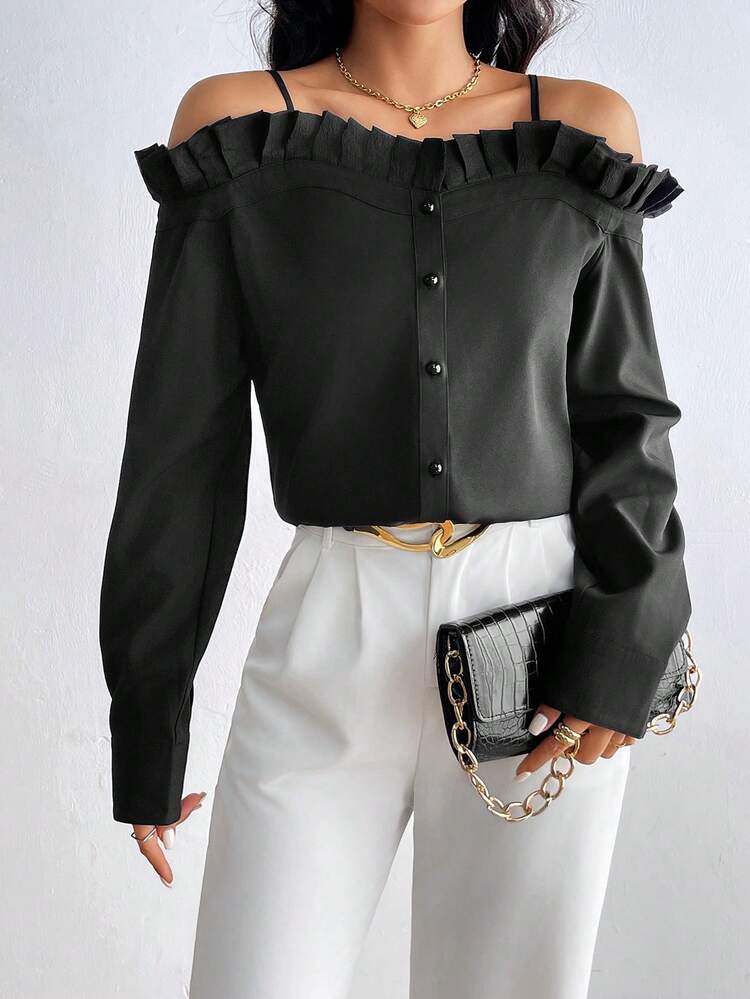 Women's Neckline Pleated Front Button-Up Shirt With Ruffle Trim