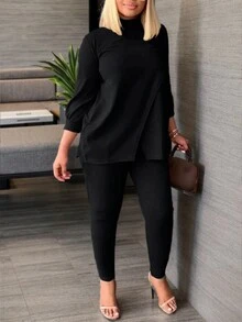Women's Black Side Split Top And Pants Set - Black - View 3