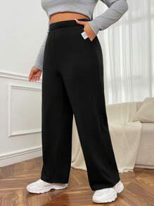 SHEIN EZwear 大尺碼女款黑色針織寬鬆直筒褲,帶糾結紗線細節