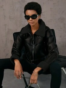 SHEIN Essnce Zip Up PU Leather Belted Moto Jacket - Black - View 4