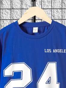 SHEIN Leap Crew 少年男孩2入組休閒字母印花短袖t恤和長褲套裝 - 藍色 - 查看 3