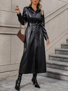 SHEIN Clasi 前扣系带 PU 皮革衬衫裙 女式长款套装 - 黑色 - 查看 5