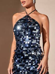 SHEIN BAE Christmas Tied Backless Sequin Halter Dress Night Out Party Dresses - Blue - View 7