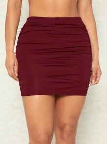 SHEIN BAE 素色褶邊包臀半身裙 - 酒紅色 - 查看 6