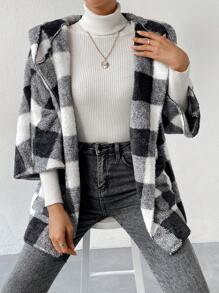 VaVaBold 格紋印花雙口袋蝙蝠袖連帽法蘭絨外套