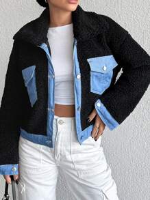 EURMUSE Contrast Trim Flap Pocket Drop Shoulder Teddy Jacket - Black - View 1