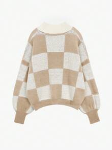 女式棋盘格图案落肩高领长袖灯笼袖毛衣 - 卡其色 - 查看 2
