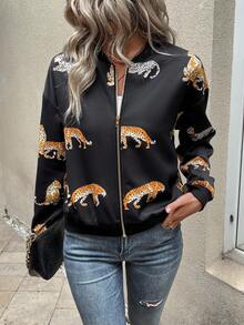 SHEIN LUNE 豹紋印花拉鏈開襟飛行員夾克 - 黑色 - 查看 4
