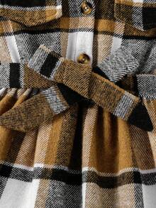 SHEIN 女小童格紋印花翻蓋細節腰帶襯衫洋裝無毛衣 - 駝色 - 查看 5